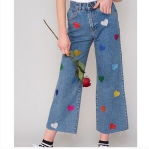 The Ragged Priest Love Wins Glitter Heart Wide Leg Crop Raw Hem Jeans 28